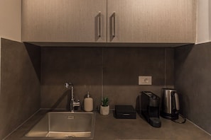 Effortlessly prepare meals in this compact kitchenette, featuring a stainless steel sink, a coffee maker, and a touch of greenery.