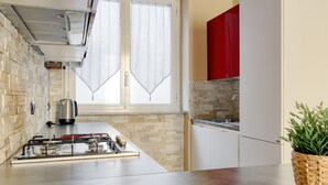 A kitchen with a gas stove, a window with curtains, a red cabinet, and a potted plant.