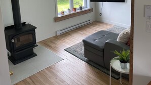 Una sala de estar moderna con un estufa de leña negra, un sofá gris, un televisor de pantalla plana montado en la pared y un ventanal con vistas a la vegetación.