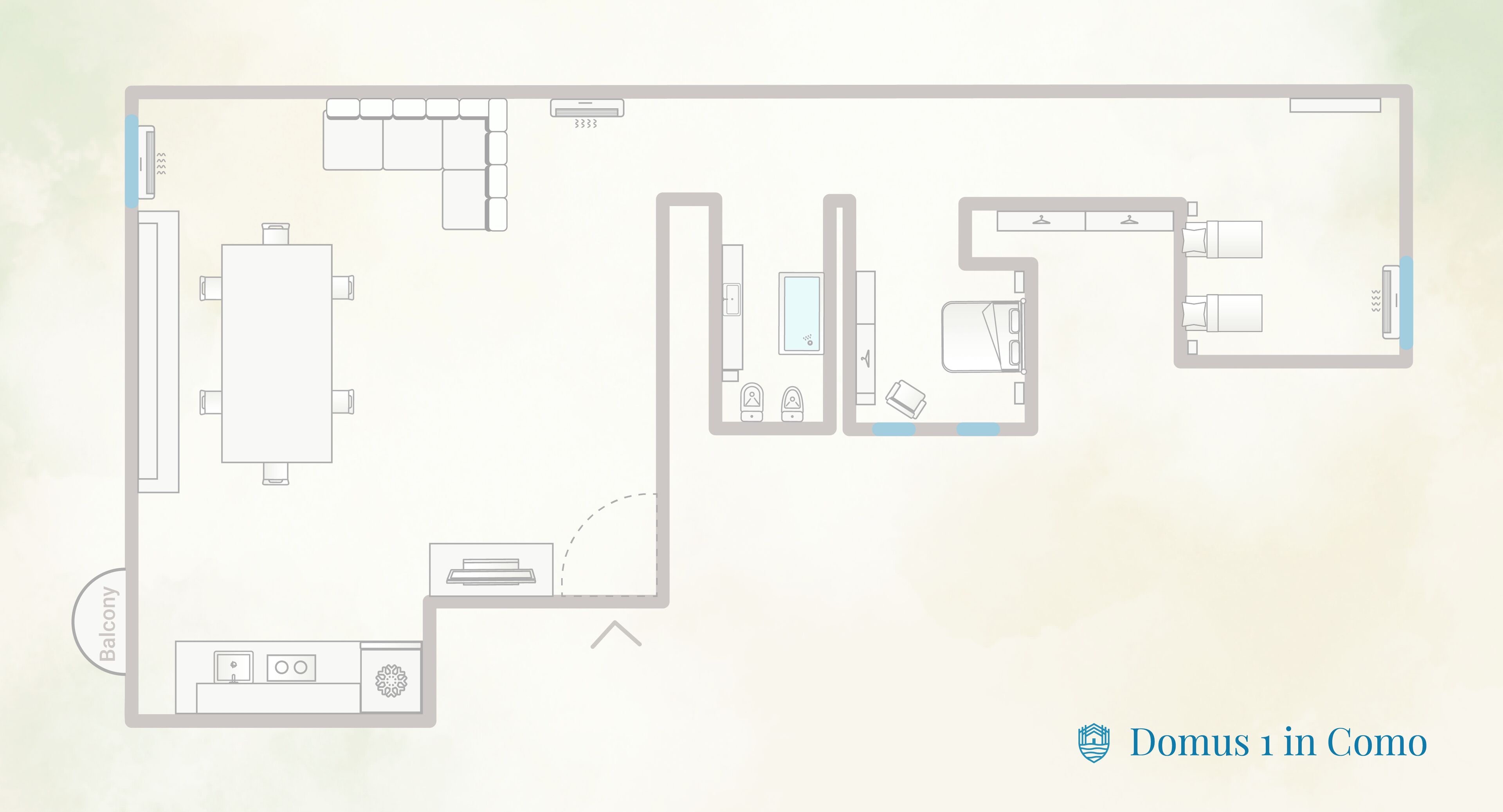 A floor plan of a hotel with a balcony, a dining area, a kitchen, a bathroom, and a bedroom.
