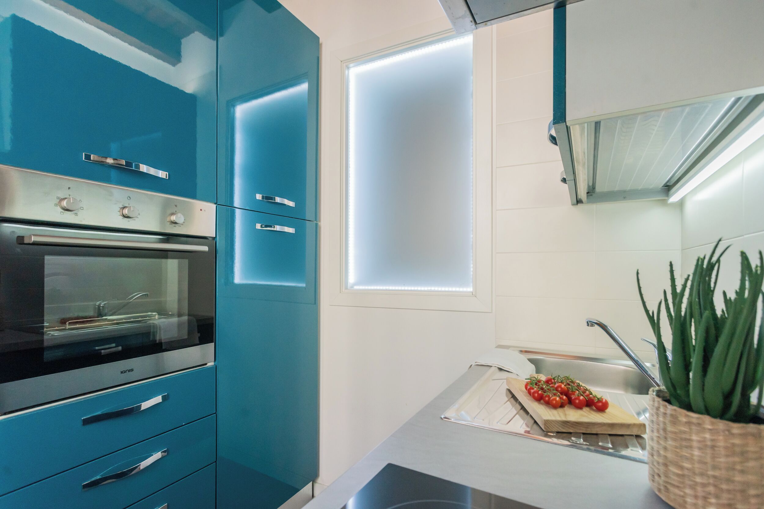 Een moderne keuken met blauwe kastjes, een roestvrijstalen oven, een raam met geëtste glas en een potplant.