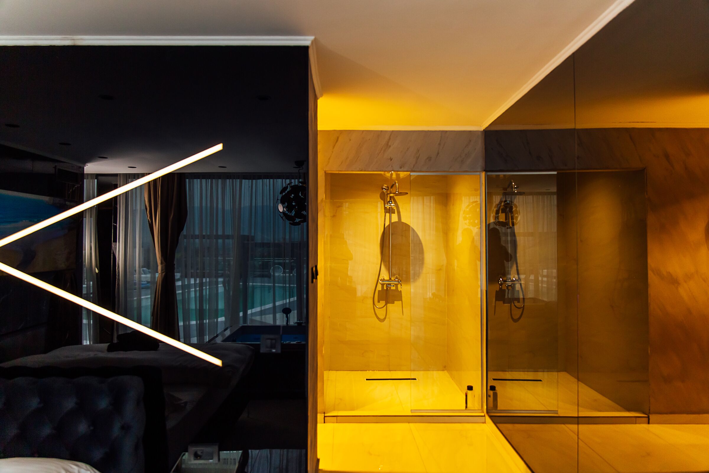 Luxury Apartment, Patio, Pool View | Bathroom shower