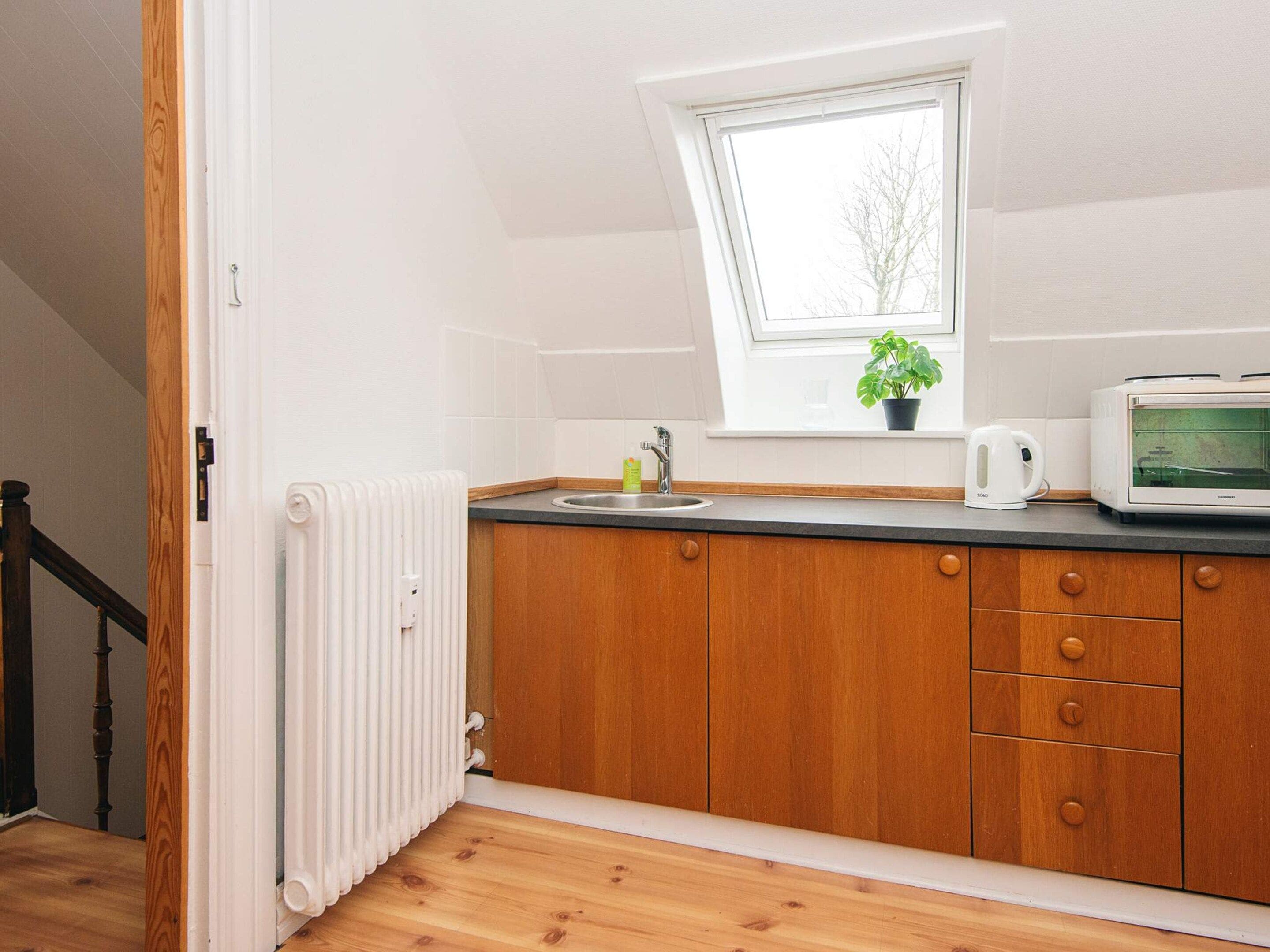 A kitchen with a window, a radiator, wooden cabinets, a microwave, and a potted plant.