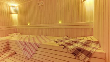 A sauna with two benches, wooden walls, and wall-mounted lights.