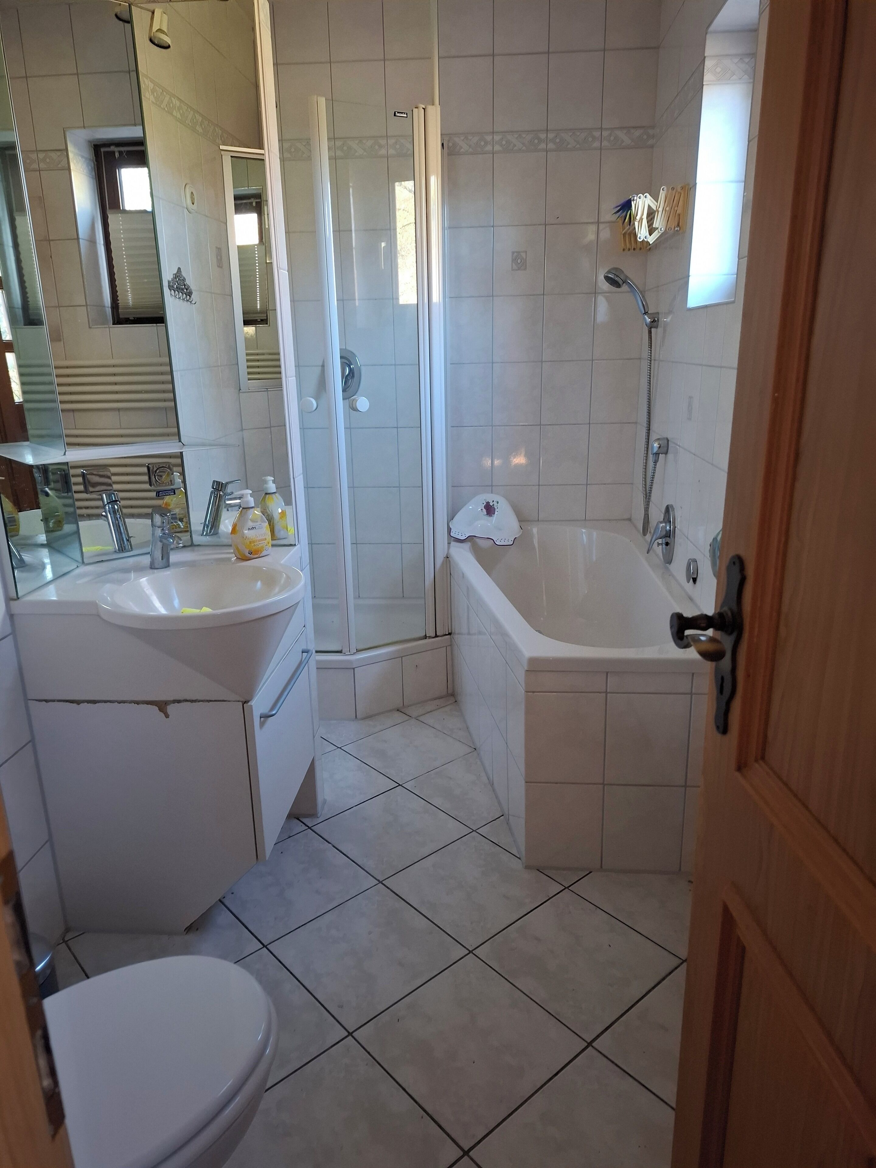 Hair dryer, towels, soap, toilet paper