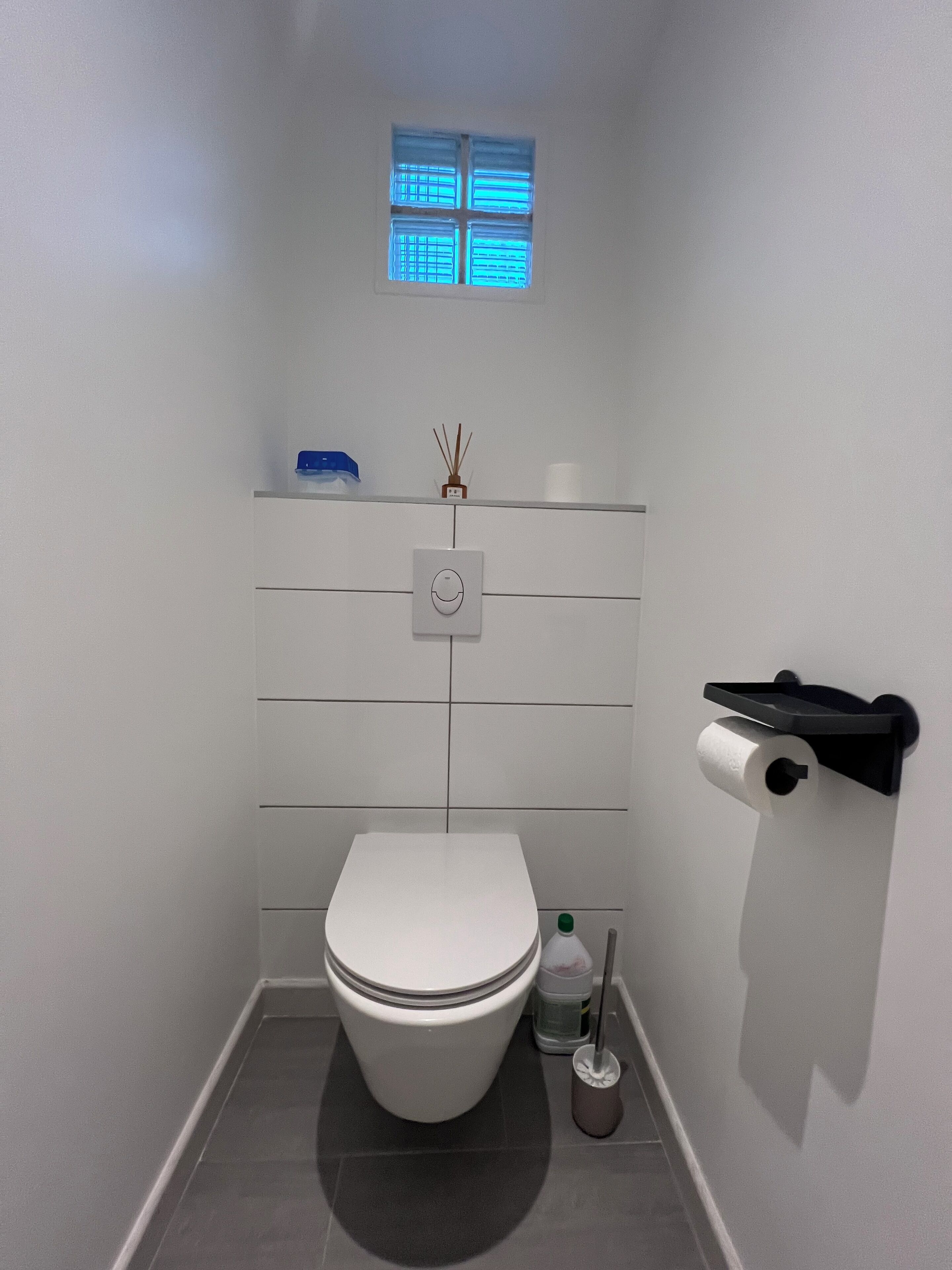 Een kleine, witte badkamer met toilet, raam, plankje met een blauwe container, toiletrolhouder en een toiletborstel.