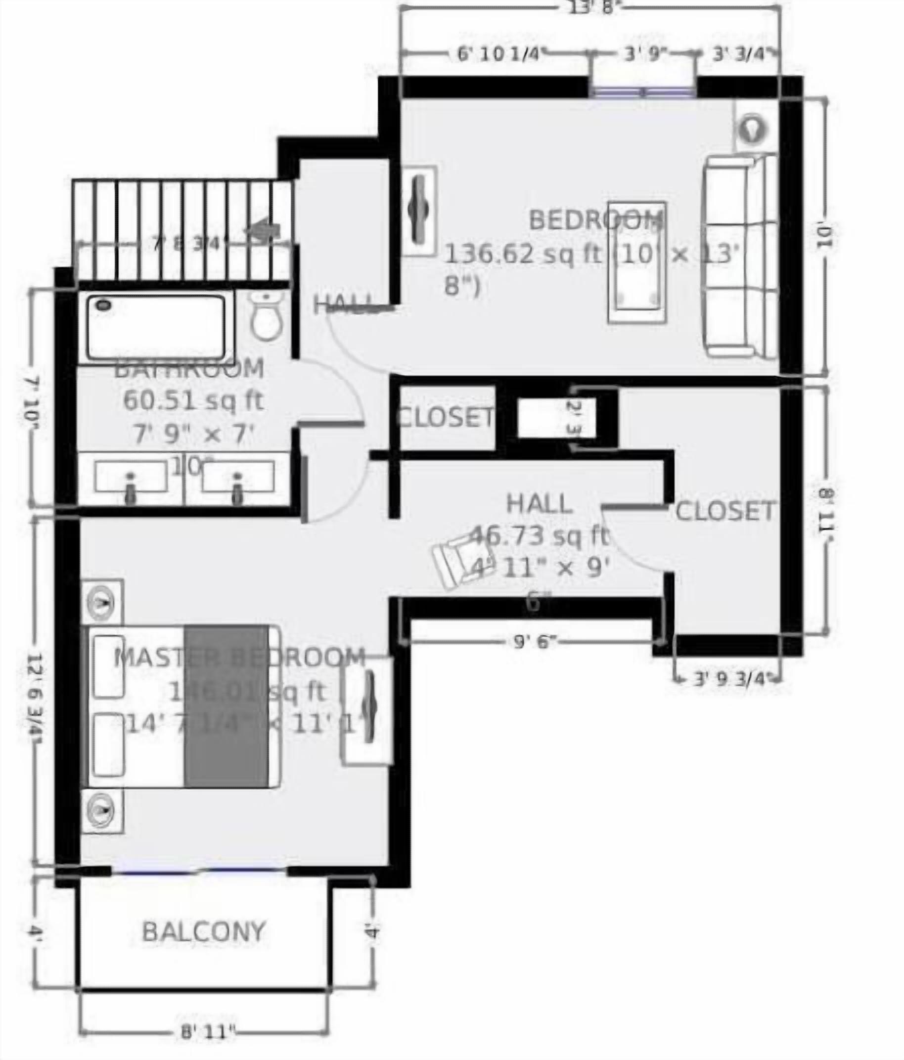 A floor plan with a master bedroom, two bedrooms, a bathroom, a closet, a hall, and a balcony.