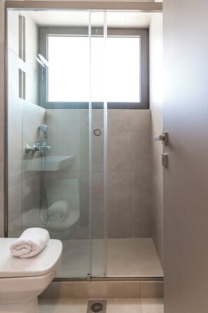 Dusche, Haartrockner, Handtücher, Seife