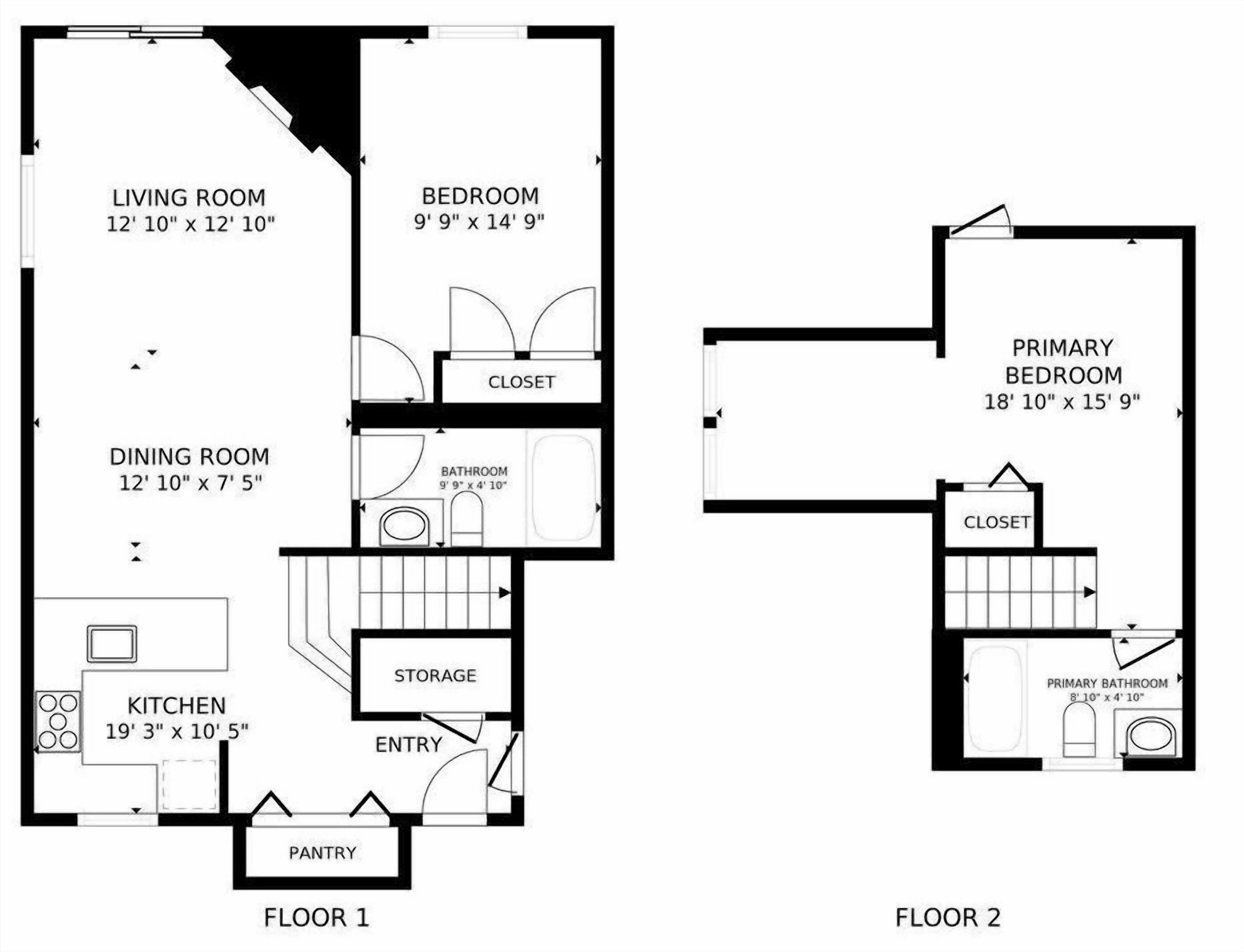 A floor plan of a two-floor apartment with a living room, bedroom, dining room, kitchen, and entry/entryway.