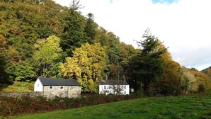 A stone house with a white exterior, surrounded by a lush green landscape and dense forest. - Tryfan Cottage  -  2.8 miles from Summit of Mt Snowdon (Beddgelert)