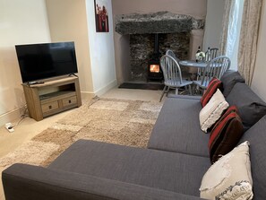 Smart-TV, Kamin, Videospiele, Bücher
