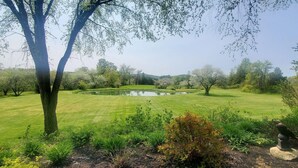 A well-maintained garden with a pond, surrounded by lush greenery and trees. - Old Orchard House (Brandon)