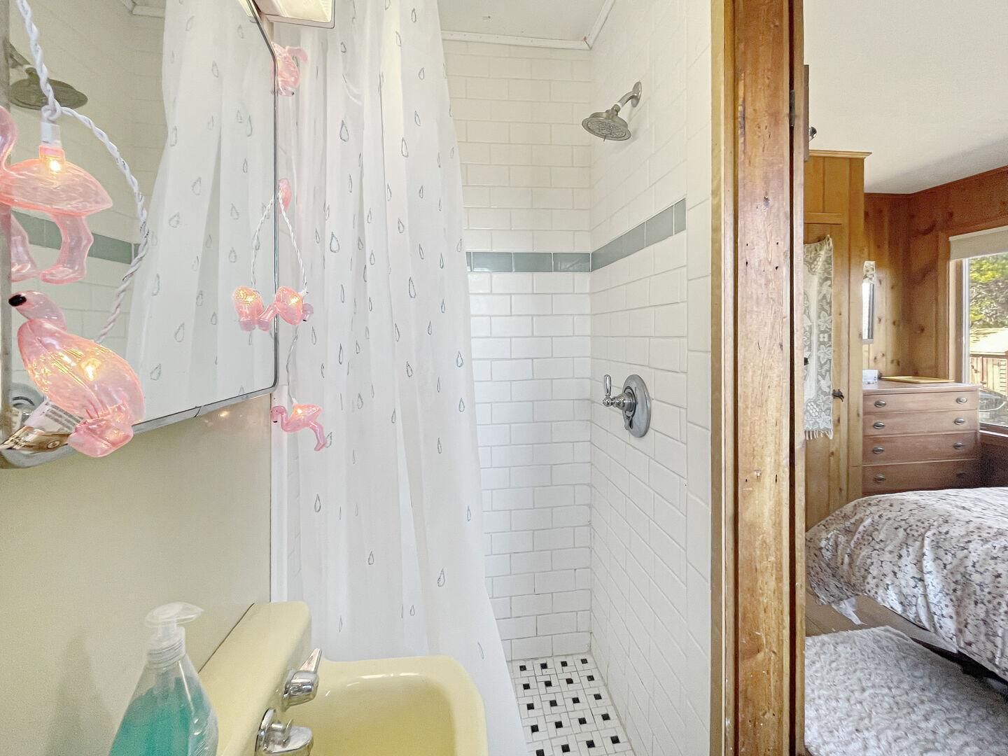 Une salle de bain avec une douche, un lavabo et un miroir.