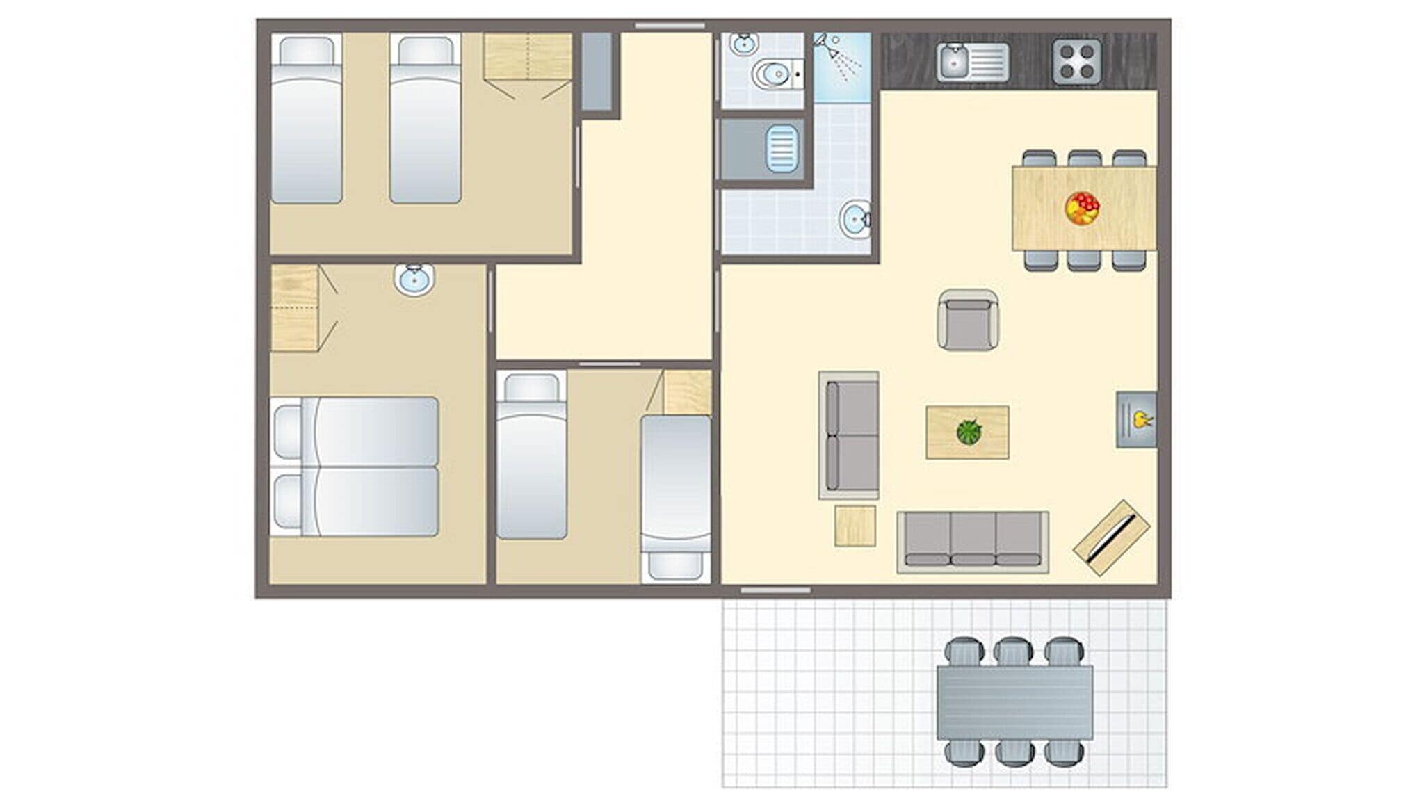 Un plan d’étage d’une chambre d’hôtel comprenant un lit, un bureau, une chaise, une petite table, un canapé et un coin cuisine avec une cuisinière et un évier.