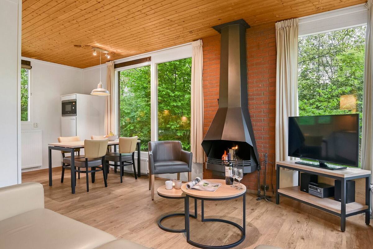 A modern living room with a fireplace, a dining area, and a TV.