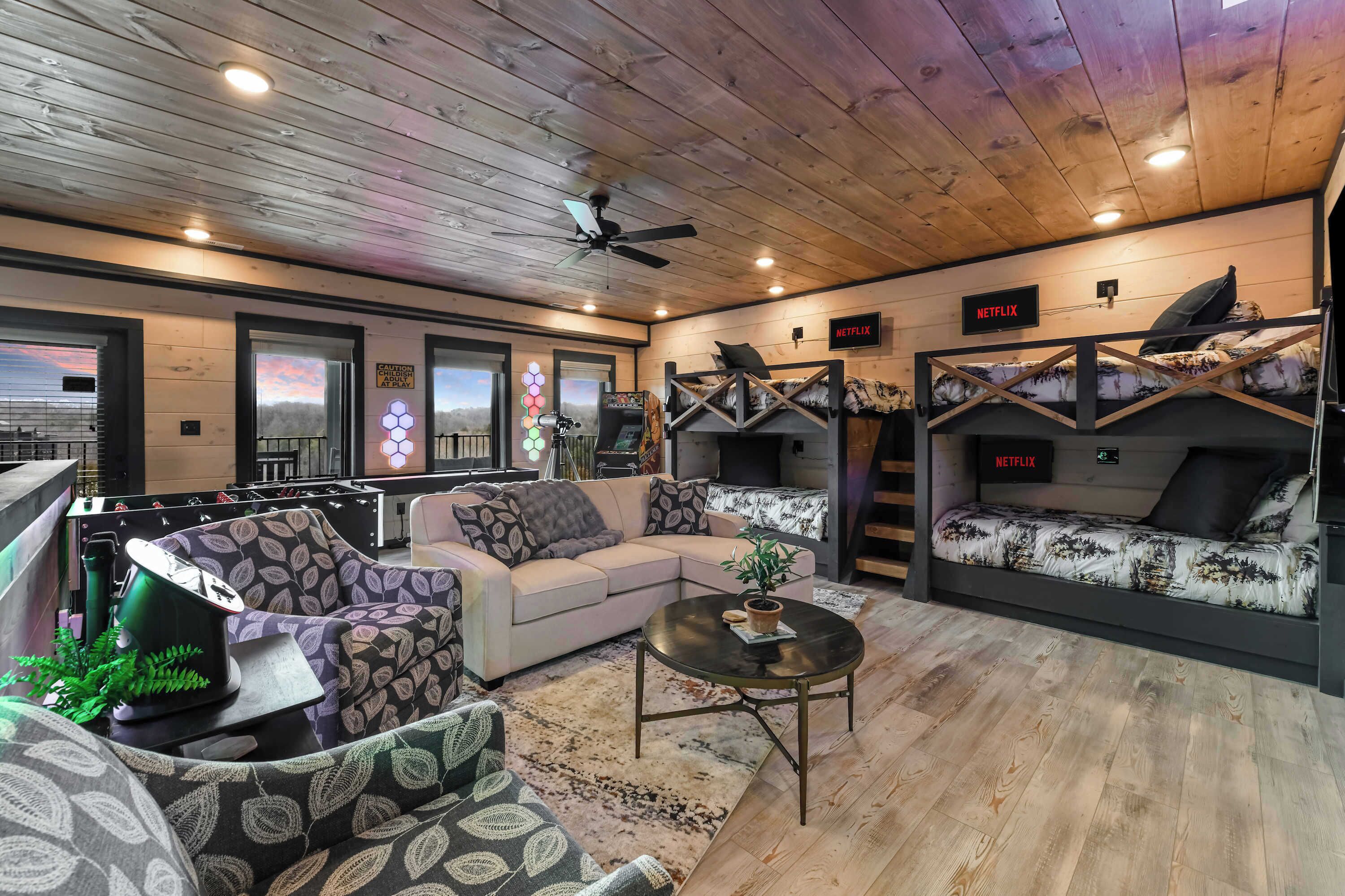 Smart TV, fireplace, video games, foosball