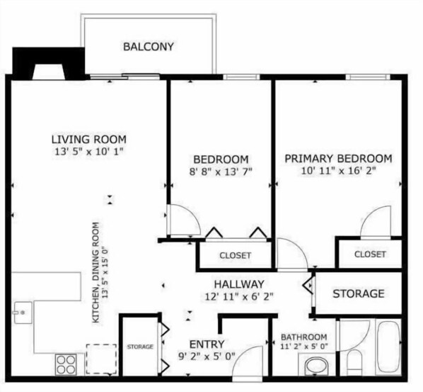 A floor plan with a living room, bedroom, primary bedroom, balcony, kitchen, dining room, entry, hallway, closet, storage, and bathroom. - Gateway Condo A25 (Rutland)