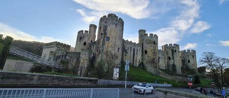Un château historique doté de nombreuses tours, une zone pavée au premier plan et un ciel dégagé.