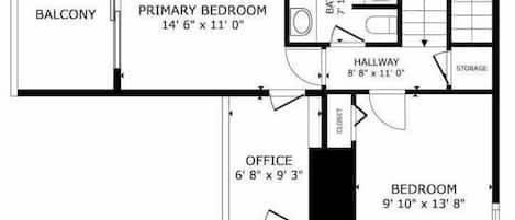 A floor plan of a hotel room with a balcony, primary bedroom, bathroom, hallway, office, storage, and a bedroom.