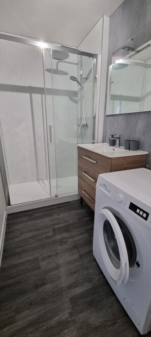 Shower, hair dryer, toilet paper