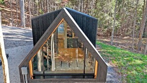 Una cabana moderna de forma triangular, amb un gran finestral de vidre, envoltada per un bosc.