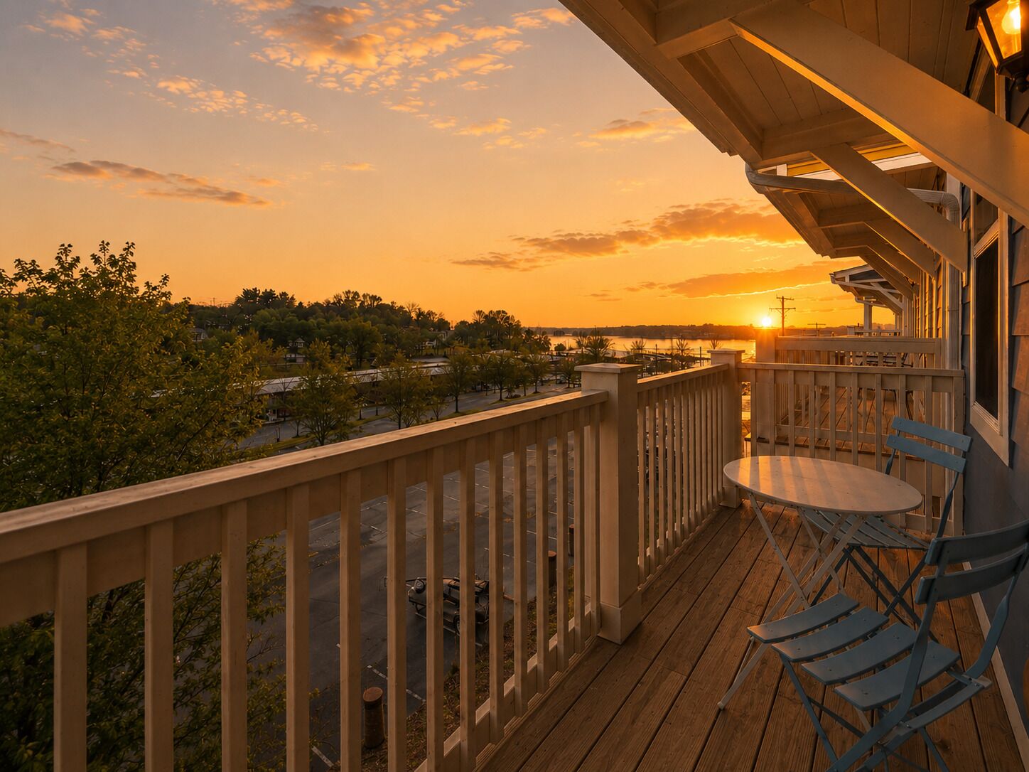 Un pontile in legno con tavolo e sedie, affacciato su un corpo d'acqua e una vista sulla città al tramonto.