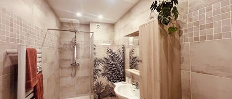 Douche, séchoir à cheveux, serviettes fournies, savon