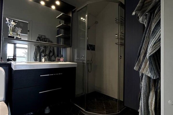 Regadera, secadora de cabello, jabón, papel de baño