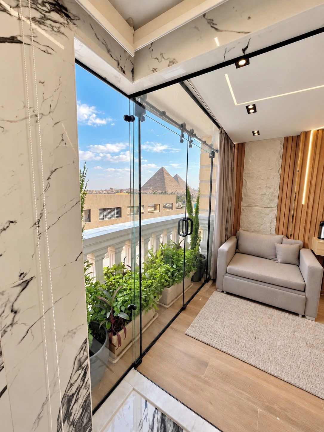 Una sala de estar moderna con un separador de vidrio, un sofá color beige y vistas a pirámides.