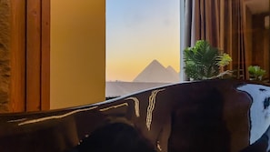 A view of the pyramids from a hotel room with a large window, a plant, and curtains.