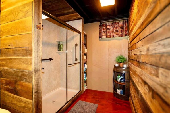 Shower, eco-friendly toiletries, hair dryer, towels