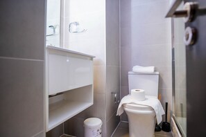Basic-Apartment | Badezimmer | Haartrockner, Handtücher, Seife, Toilettenpapier