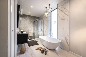 Regadera, secadora de cabello, toallas, papel de baño 