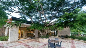 Un espace extérieur aménagé avec des tables et des chaises, entouré d’un mur en pierre et de grands arbres.
