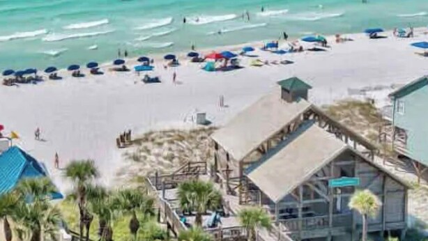 A beach with umbrellas and people, a building with a thatched roof, and palm trees.