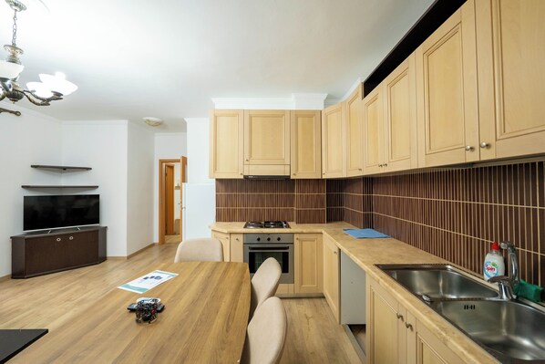 Apartment, 2 Bedrooms | Private kitchen | Oven, stovetop, electric kettle - Tirent Apartment - Spacious 2-Bedroom Stay Near Liqeni i Thatë (Farke)
