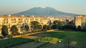 A residential area with apartment buildings, a large open field, and a mountain in the background. - I Ludovici Luxury B&B (Casoria)