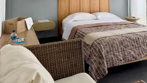 A modern bedroom with a wooden headboard, a bed with a patterned bedspread, a hanging plant, and two wall-mounted artworks. - Treeloft 29 (Girón)