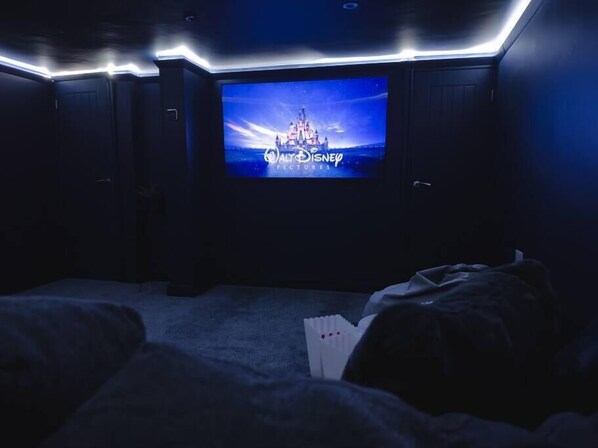 A darkened room with a large screen displaying the Walt Disney Pictures logo, indicating a movie theater setting.