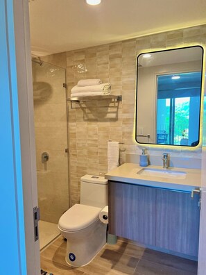 Shower, hair dryer, towels, soap