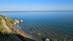 A coastal landscape with a clear sky, a sandy beach, and a railway track running parallel to the shore.
