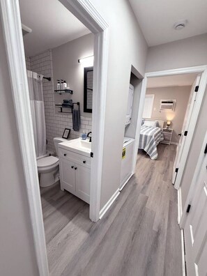 Hair dryer, towels, soap, shampoo