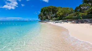 A beach with clear turquoise water, a sandy shore, and dense green trees in the background.