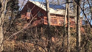 A cabin with a red exterior, surrounded by trees. - Seapowet suite (Tiverton)