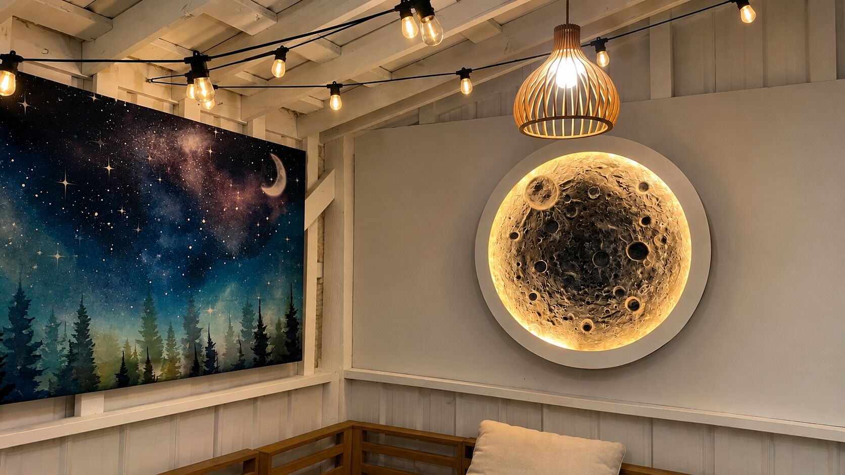 Una habitación con un mural de noche estrellada, una lámpara circular que evoca a la luna y una cama de madera.