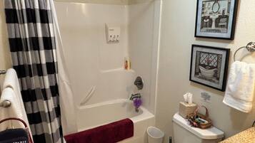 Hair dryer, towels, soap, toilet paper