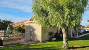 Una propietat residencial amb un jardí ben cuidat, un arbre gran i un pati tancat.