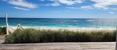 On the beach, sun-loungers, beach towels