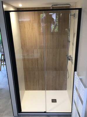 Shower, hair dryer, towels, toilet paper