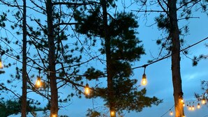 A tented outdoor area with string lights, a fire pit, and red chairs. - Private Blue Pine Getaway (Duluth)